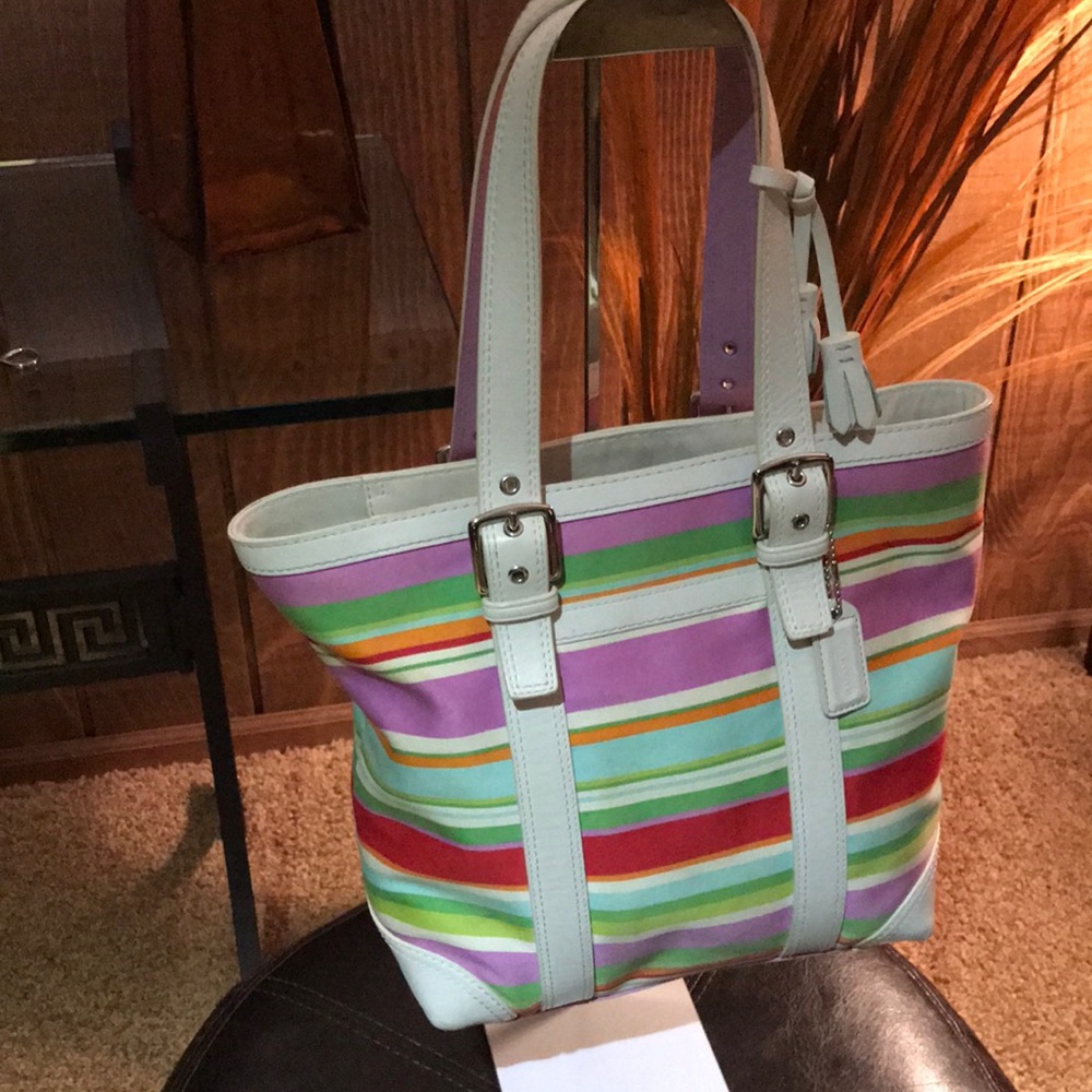 Vintage Coach Multicolor Striped Canvas Leather Tote Bag